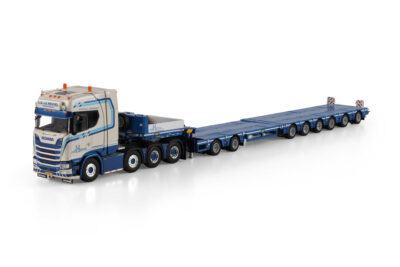 Scale model of a white and blue Scania truck with a long blue multi-axle trailer.