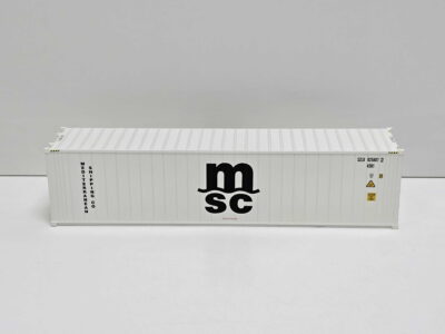 White shipping container on a light gray background, with black lettering visible along the side and front.