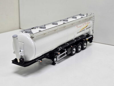 Scale model of a white tanker trailer with top-mounted access caps and branding on the side.